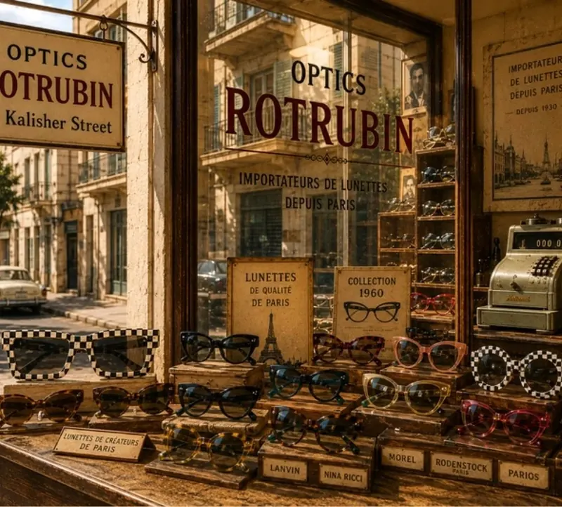 חלון ראווה של חנות המשקפיים Optics Rotrubin, עם משקפי וינטג׳ ושלטים בצרפתית